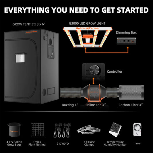 Spider Farmer G3000 LED Grow Light+90x90x180CM Grow Tent Kits with Carbon Filter For Indoor Plants Flowers Hydroponics