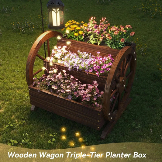 Wooden Wheelbarrow Flower Pot, Three Tier Outdoor Plant Pot, Outdoor Garden Decoration, Herb Cart with Rustic Wooden Wheels