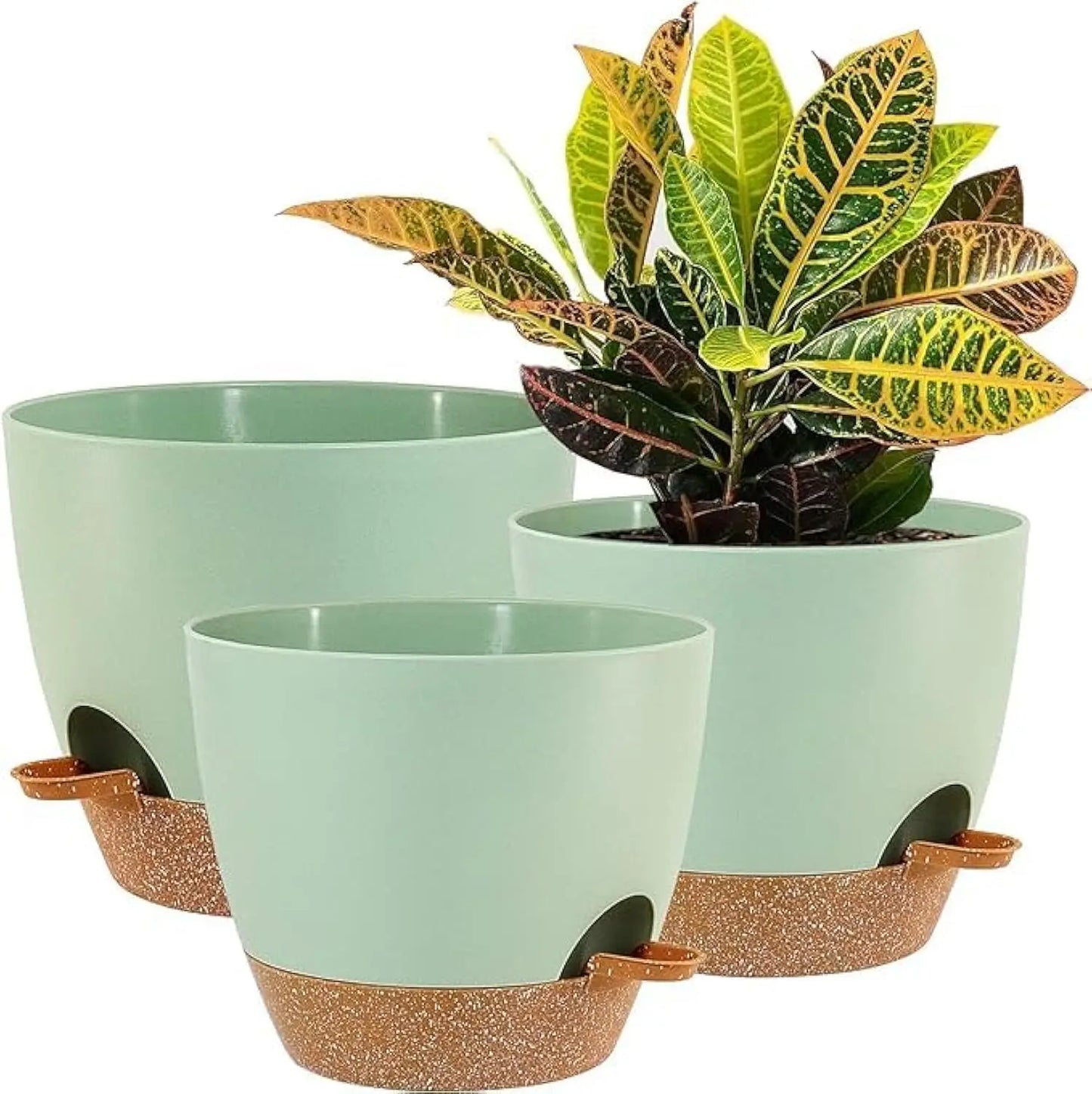 Large Self Watering Pots, 12/10/9 Plastic Planters with High Drainage Holes and Deep Reservoir