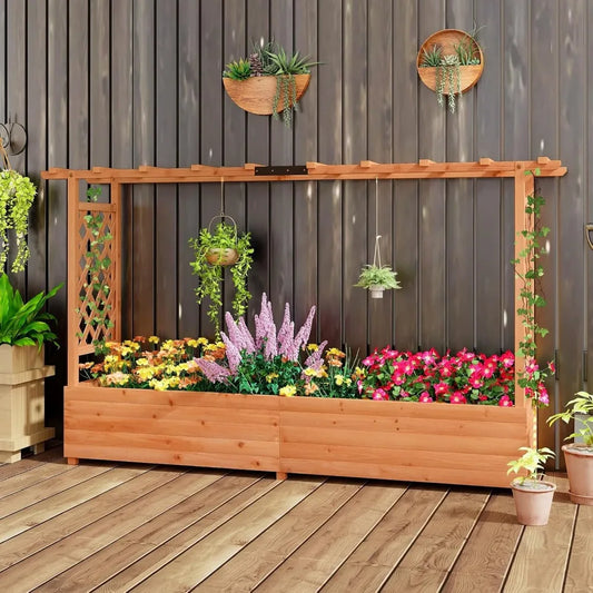 Raised Garden Bed with Trellis & Hanging Roof, Wood Planter Box with Bottom and Drainage Holes, Freestanding Garden Plan