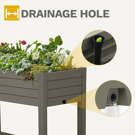 Raised Garden Bed Kit, 3.6 x 1.5 x 2.8 FT Outdoor Plastic Planter Box with Wheels and Legs, Garden Box with Drain Plug &