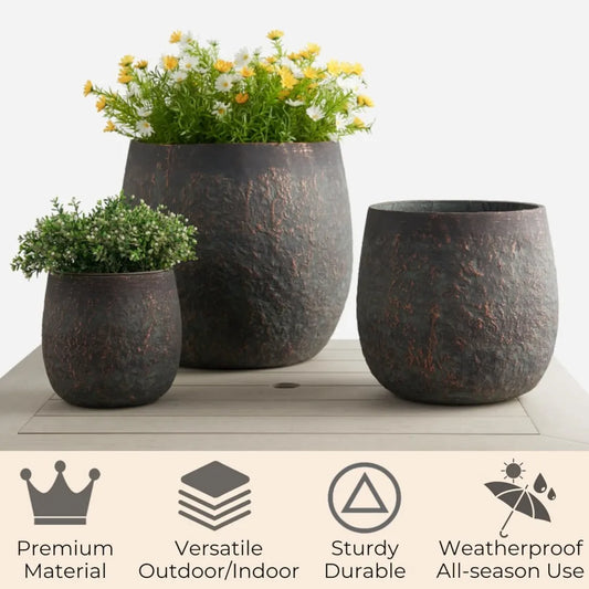 Large Outdoor Planter, 17.7"+13"+9.1" Dia Round Weathered Concrete Planter Set of 3, Flower Pots with Drainage Holes and Sealing