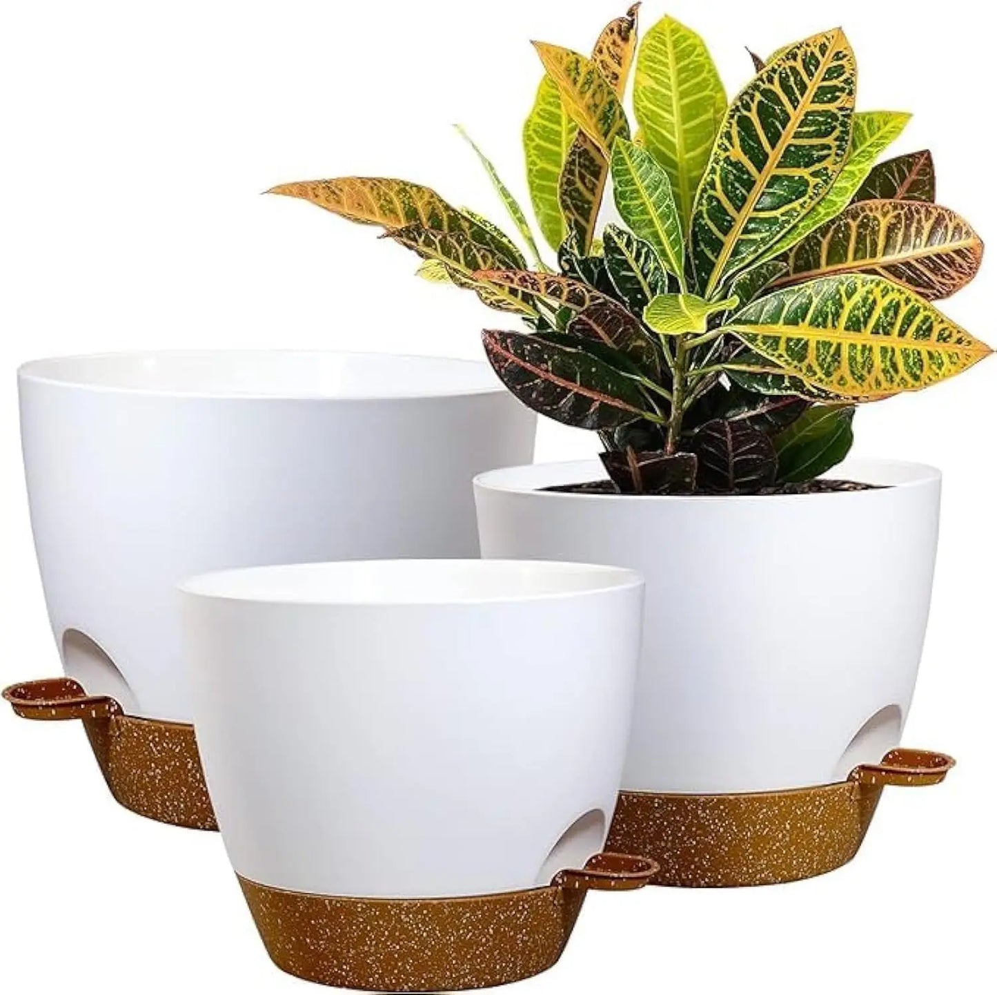 Large Self Watering Pots, 12/10/9 Plastic Planters with High Drainage Holes and Deep Reservoir