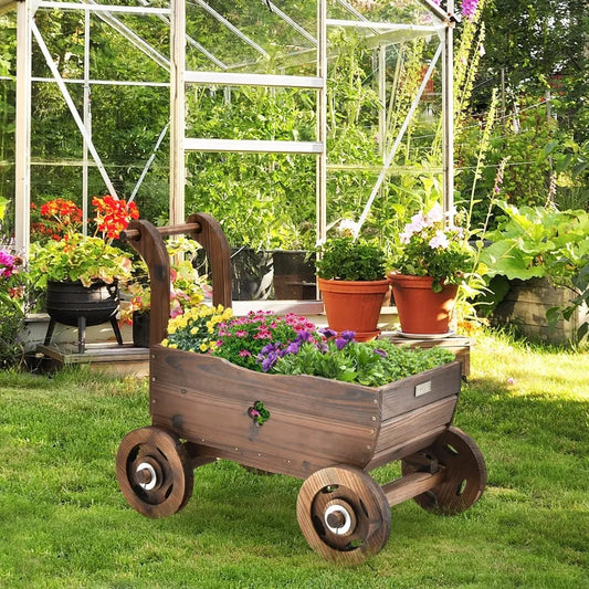 Wooden Wagon Planter Raised Bed on Wheels, Handle, Drainage Hole, Decorative Wagon Cart, Rustic Flowerpot Planter, Mobile Plant