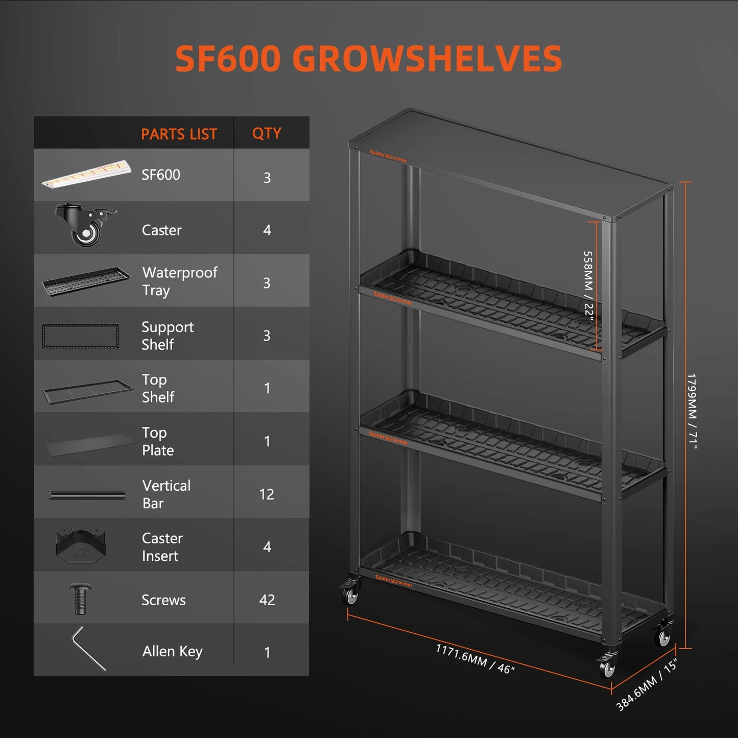 Spider Farmer SF600 Growshelves LED Grow Light 3-Layer W/Metal Plant Stand Trays for Indoor Veg Flower Plants Hydroponics