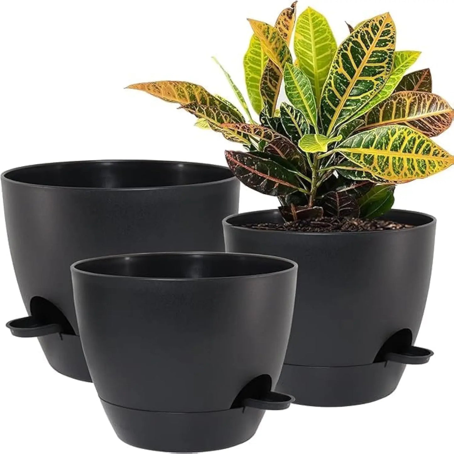 Large Self Watering Pots, 12/10/9 Plastic Planters with High Drainage Holes and Deep Reservoir