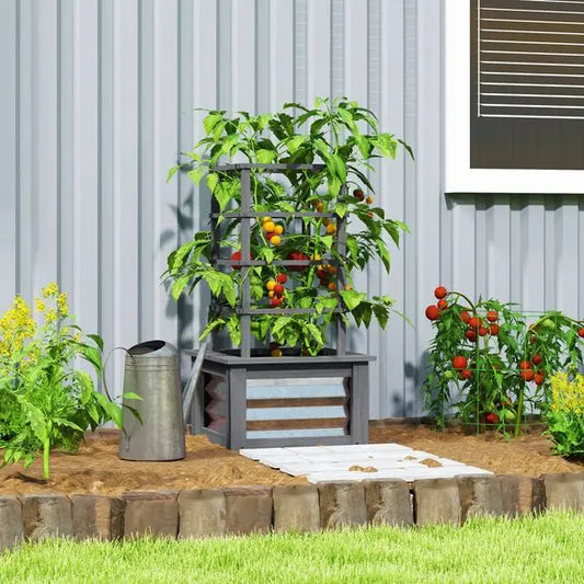 Outsunny Wooden Raised Garden Bed with Trellis, Galvanized Planter Box Elevated Garden Bed for Garden, Patio, Gray
