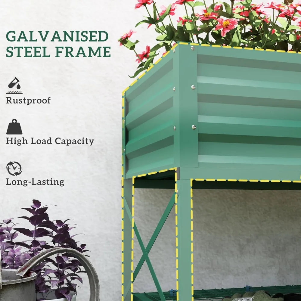 Outsunny Raised Garden Bed with Galvanized Steel Frame,Storage Shelf and Bed Liner,Elevated Planter Box with Legs for Vegetables