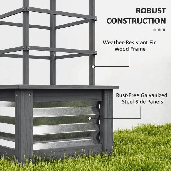 Outsunny Wooden Raised Garden Bed with Trellis, Galvanized Planter Box Elevated Garden Bed for Garden, Patio, Gray