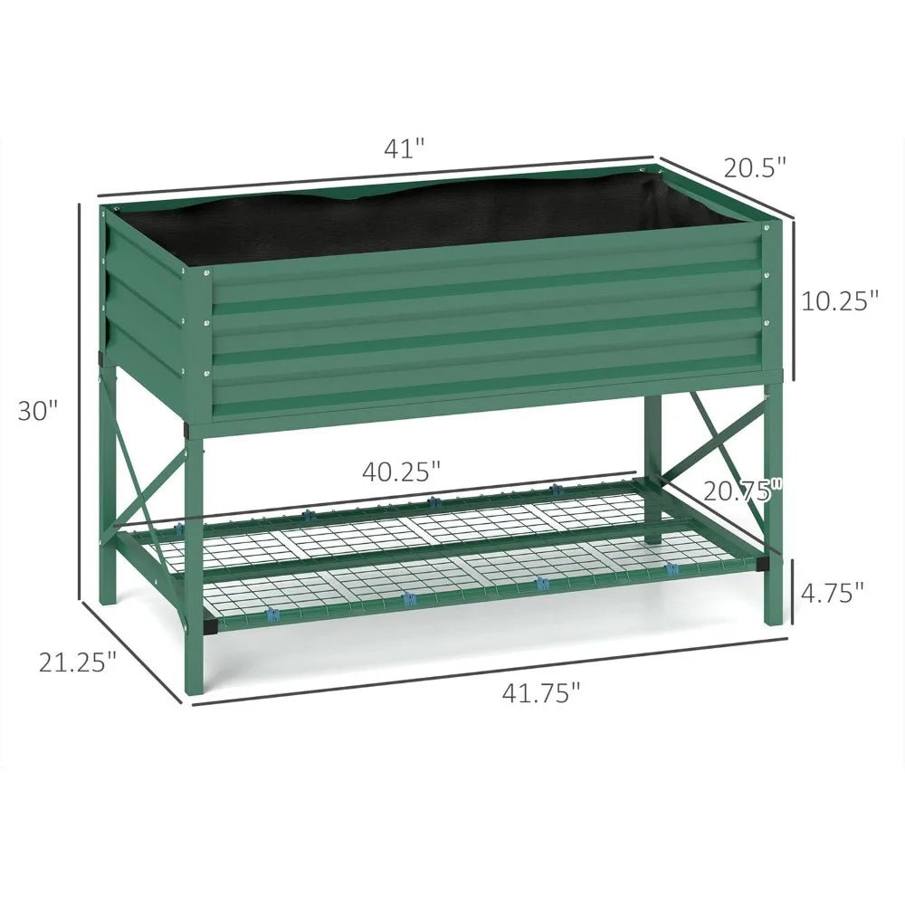 Outsunny Raised Garden Bed with Galvanized Steel Frame,Storage Shelf and Bed Liner,Elevated Planter Box with Legs for Vegetables