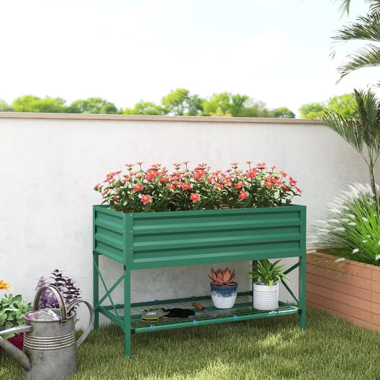 Outsunny Raised Garden Bed with Galvanized Steel Frame,Storage Shelf and Bed Liner,Elevated Planter Box with Legs for Vegetables