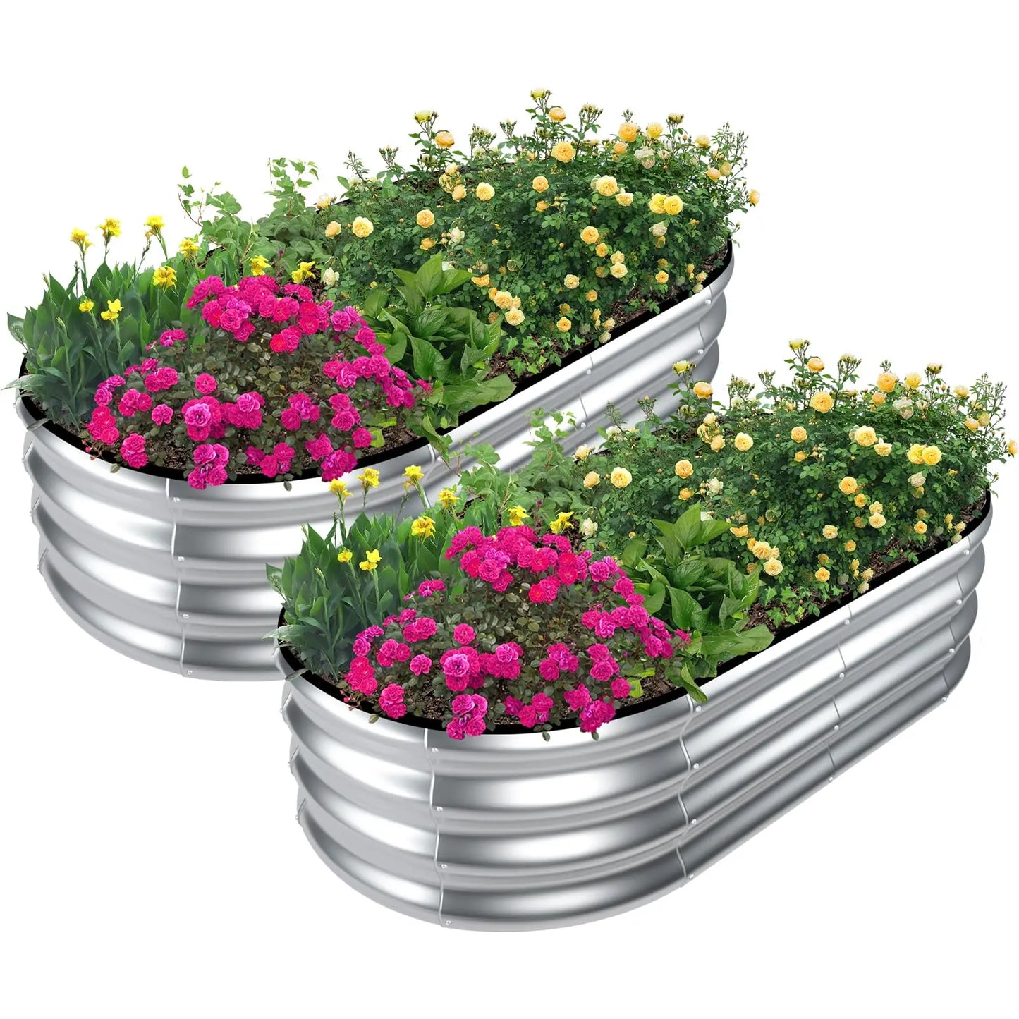 2PCS 4×2×1FT Galvanized Oval Raised Garden Bed,  Flowers, Easy Assembly Outdoor Gardening Elevated Flower Box (No Bottom)