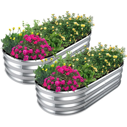 2PCS 4×2×1FT Galvanized Oval Raised Garden Bed,  Flowers, Easy Assembly Outdoor Gardening Elevated Flower Box (No Bottom)
