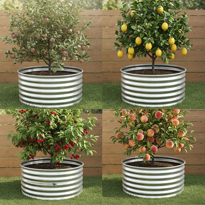 Four metal planters with flowers on a white background