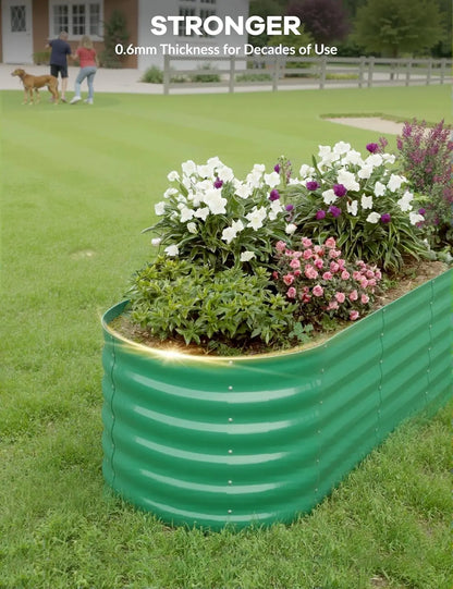 Green corrugated metal garden bed with flowers on grass, text 'STRONGER 0.6mm Thickness for Decades of Use' above.