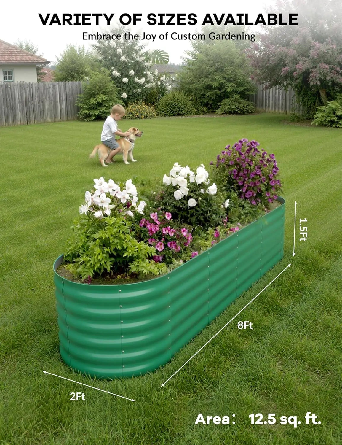 Green metal raised garden bed with flowers in a backyard, showing dimensions.