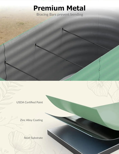 Metal product with bracing bars and text about premium metal properties.