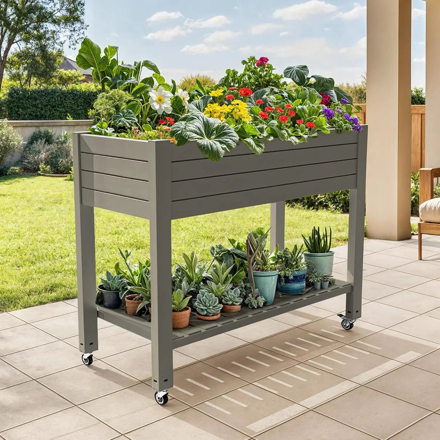 Raised Garden Bed Kit, 3.6 x 1.5 x 2.8 FT Outdoor Plastic Planter Box with Wheels and Legs, Garden Box with Drain Plug &