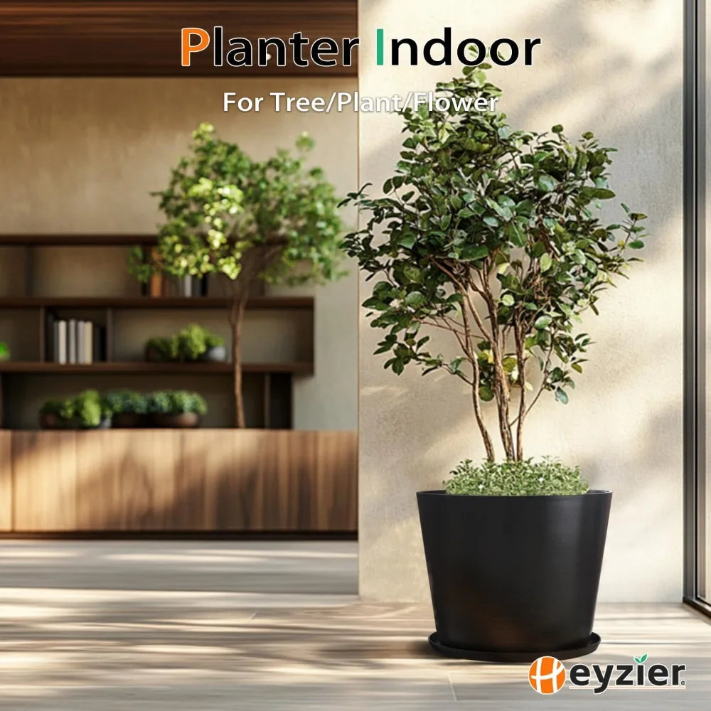 Extra Wide Planter Outdoor Indoor, Large Resin Plant Pots for Trees Flowers (Black, 20 inch - 2 Pack with Saucers)