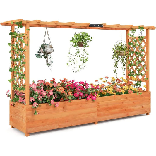 Raised Garden Bed with Trellis & Hanging Roof, Wood Planter Box with Bottom and Drainage Holes, Freestanding Garden Plan
