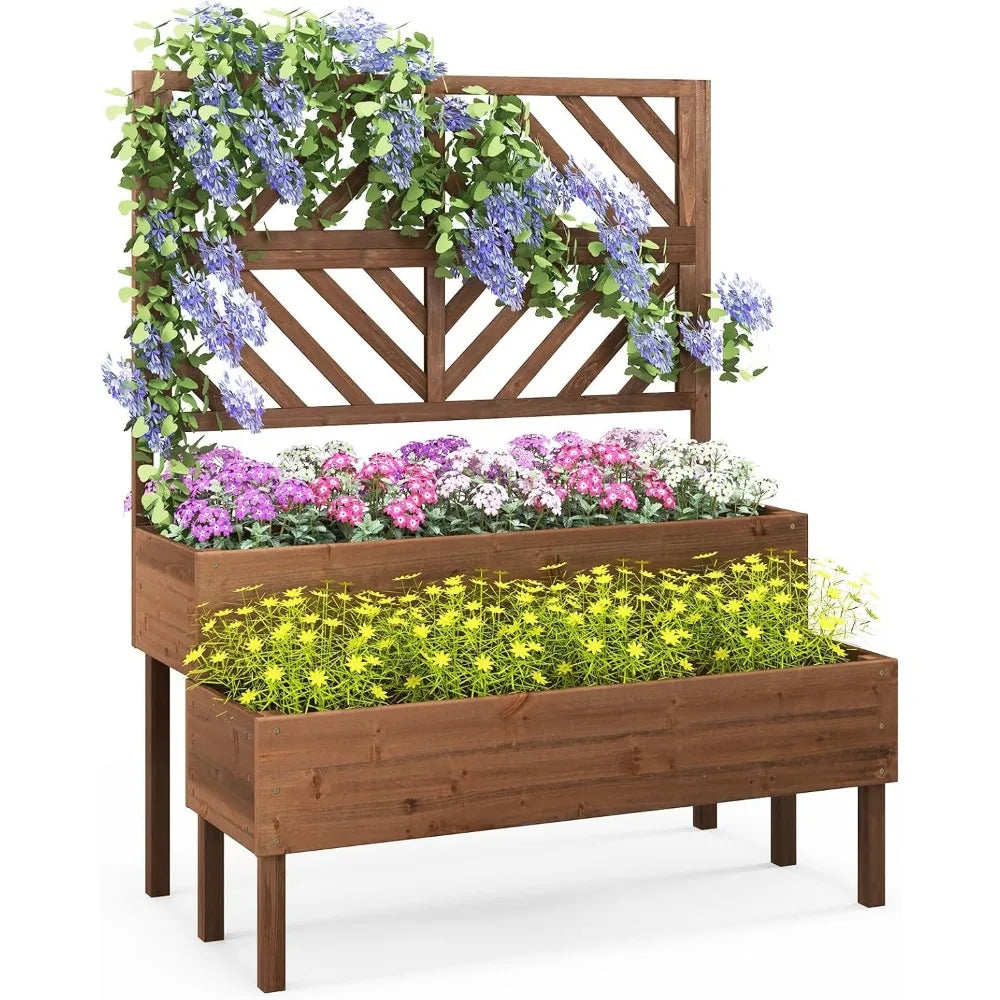2-Tier Standing Planter Box with Legs and Drain Holes, Outdoor Elevated Garden Trellis for Vine Climbing, Flower Vegetable