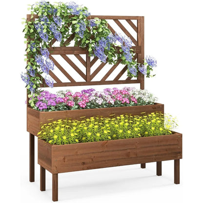 2-Tier Standing Planter Box with Legs and Drain Holes, Outdoor Elevated Garden Trellis for Vine Climbing, Flower Vegetable