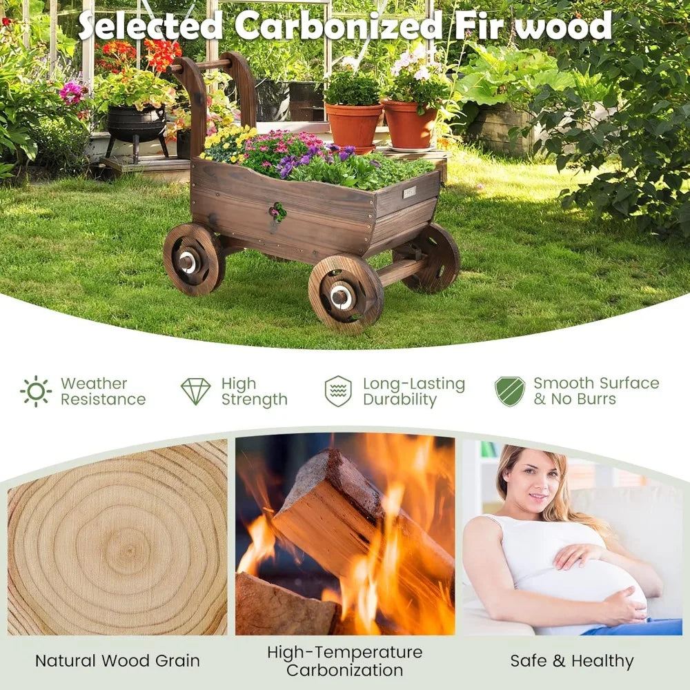 Wooden Wagon Planter Raised Bed on Wheels, Handle, Drainage Hole, Decorative Wagon Cart, Rustic Flowerpot Planter, Mobile Plant