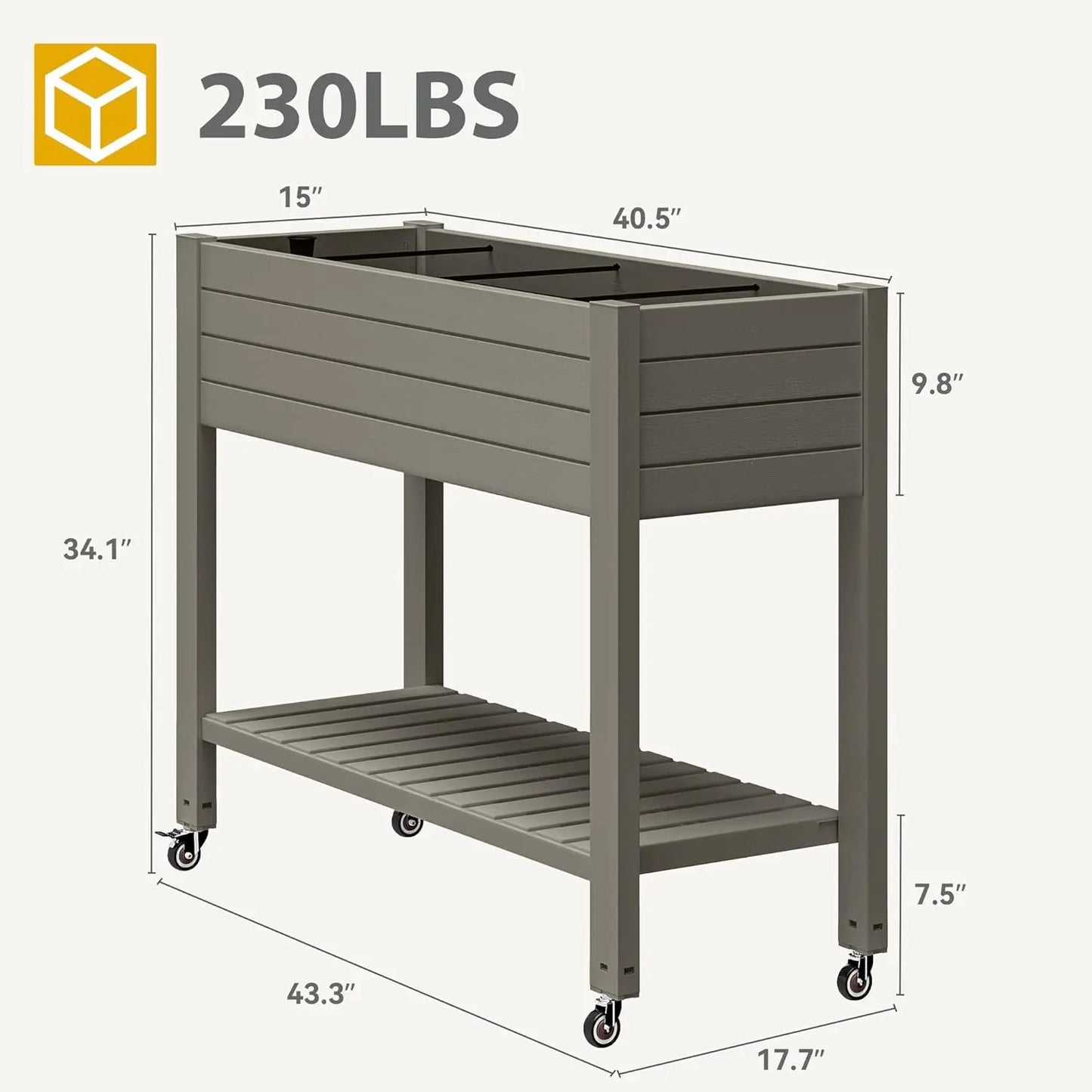 Raised Garden Bed Kit, 3.6 x 1.5 x 2.8 FT Outdoor Plastic Planter Box with Wheels and Legs, Garden Box with Drain Plug &
