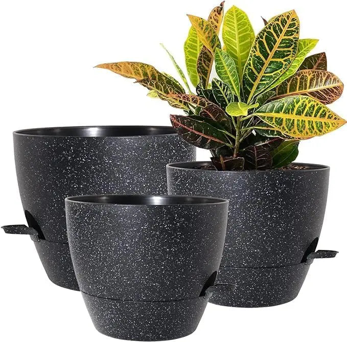 Large Self Watering Pots, 12/10/9 Plastic Planters with High Drainage Holes and Deep Reservoir