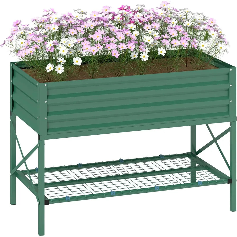 Outsunny Raised Garden Bed with Galvanized Steel Frame,Storage Shelf and Bed Liner,Elevated Planter Box with Legs for Vegetables