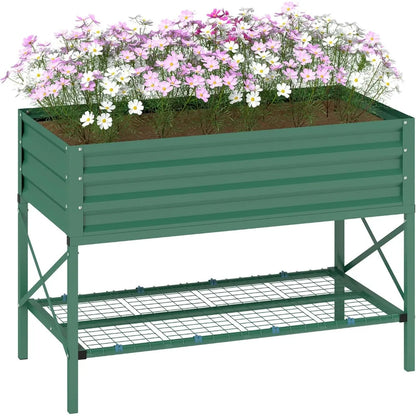 Outsunny Raised Garden Bed with Galvanized Steel Frame,Storage Shelf and Bed Liner,Elevated Planter Box with Legs for Vegetables