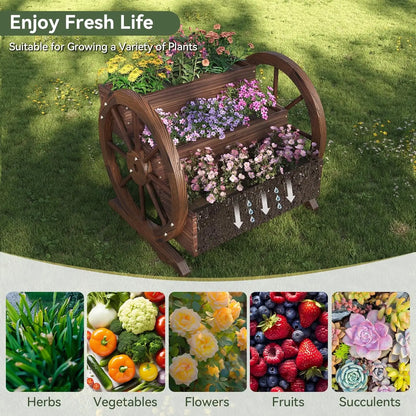 Wooden Wheelbarrow Flower Pot, Three Tier Outdoor Plant Pot, Outdoor Garden Decoration, Herb Cart with Rustic Wooden Wheels