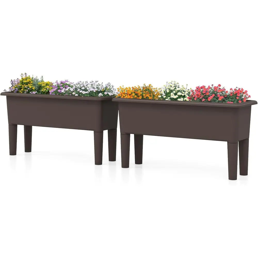 Self-Watering Outdoor Raised Garden Bed Set, 2-Piece, Detachable Legs, Drainage, 31.5Lx12Wx16H, Easy Assembly, Brown