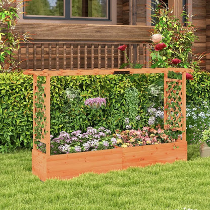 Raised Garden Bed with Trellis & Hanging Roof, Wood Planter Box with Bottom and Drainage Holes, Freestanding Garden Plan