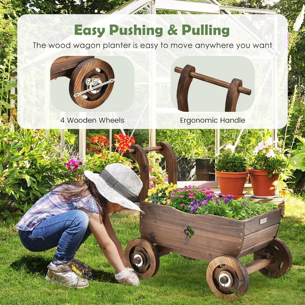 Wooden Wagon Planter Raised Bed on Wheels, Handle, Drainage Hole, Decorative Wagon Cart, Rustic Flowerpot Planter, Mobile Plant