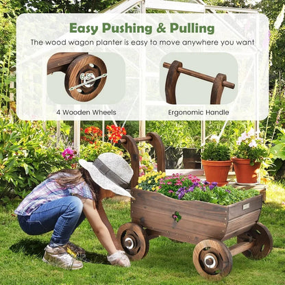 Wooden Wagon Planter Raised Bed on Wheels, Handle, Drainage Hole, Decorative Wagon Cart, Rustic Flowerpot Planter, Mobile Plant