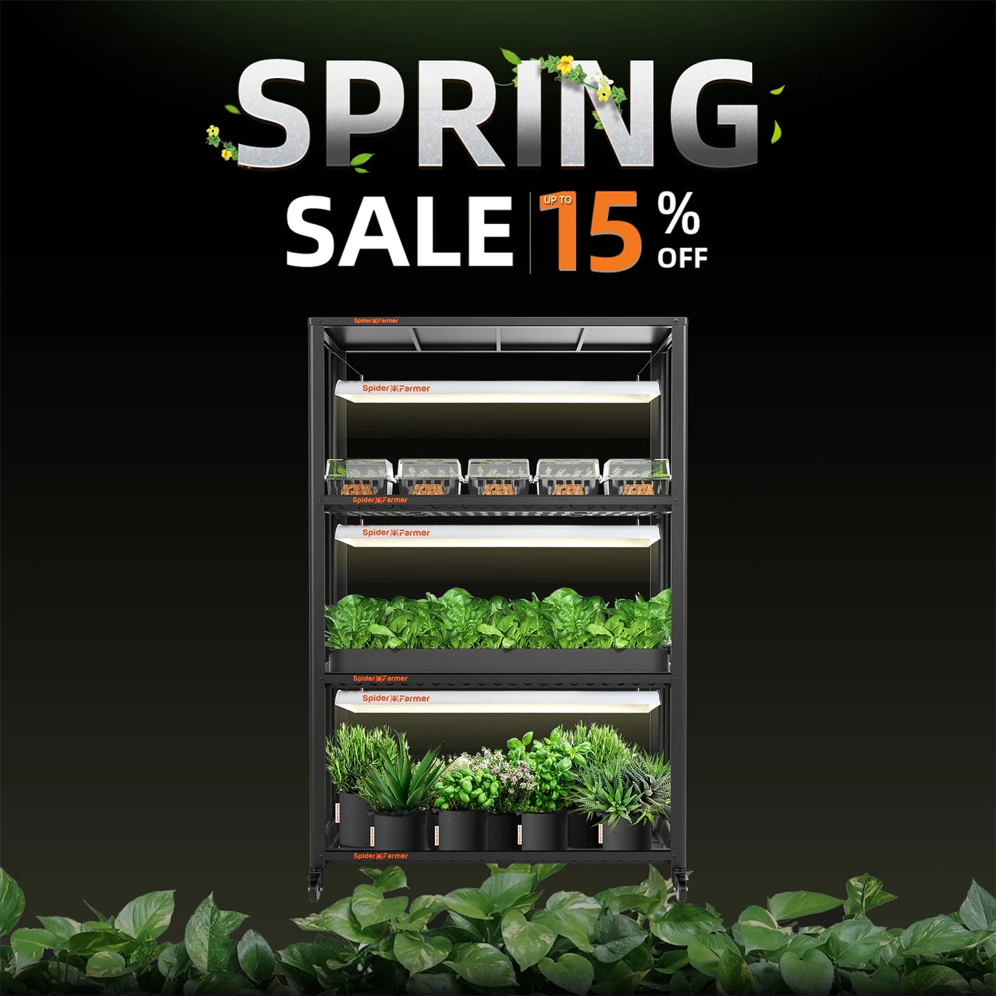 Spider Farmer SF600 Growshelves LED Grow Light 3-Layer W/Metal Plant Stand Trays for Indoor Veg Flower Plants Hydroponics