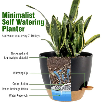 Large Self Watering Pots, 12/10/9 Plastic Planters with High Drainage Holes and Deep Reservoir