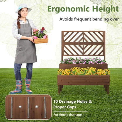 2-Tier Standing Planter Box with Legs and Drain Holes, Outdoor Elevated Garden Trellis for Vine Climbing, Flower Vegetable
