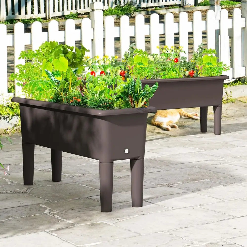 Self-Watering Outdoor Raised Garden Bed Set, 2-Piece, Detachable Legs, Drainage, 31.5Lx12Wx16H, Easy Assembly, Brown