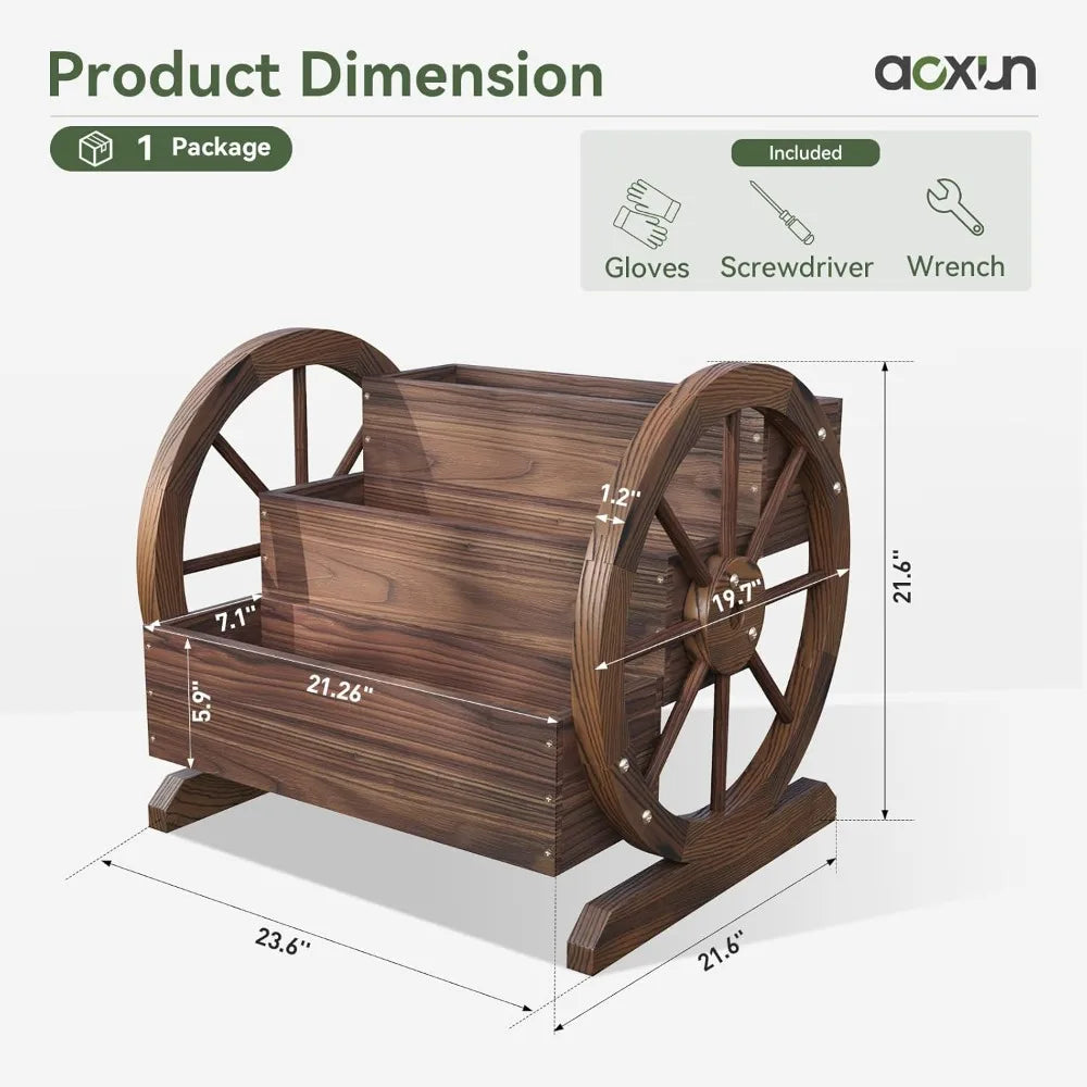 Wooden Wheelbarrow Flower Pot, Three Tier Outdoor Plant Pot, Outdoor Garden Decoration, Herb Cart with Rustic Wooden Wheels