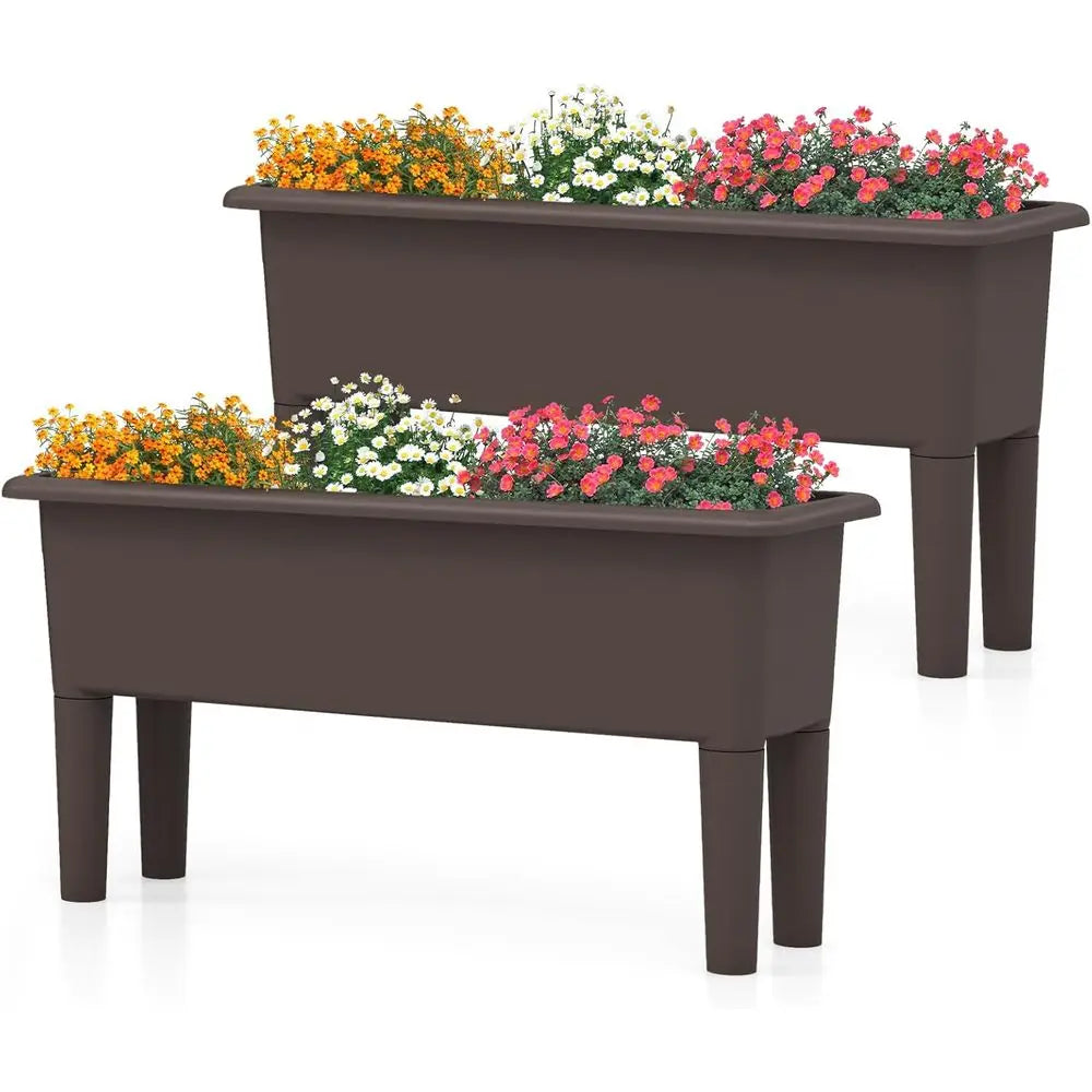 Self-Watering Outdoor Raised Garden Bed Set, 2-Piece, Detachable Legs, Drainage, 31.5Lx12Wx16H, Easy Assembly, Brown