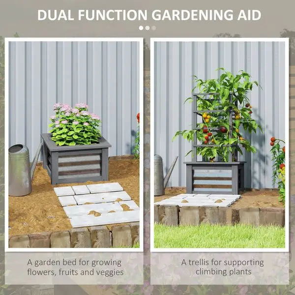 Outsunny Wooden Raised Garden Bed with Trellis, Galvanized Planter Box Elevated Garden Bed for Garden, Patio, Gray