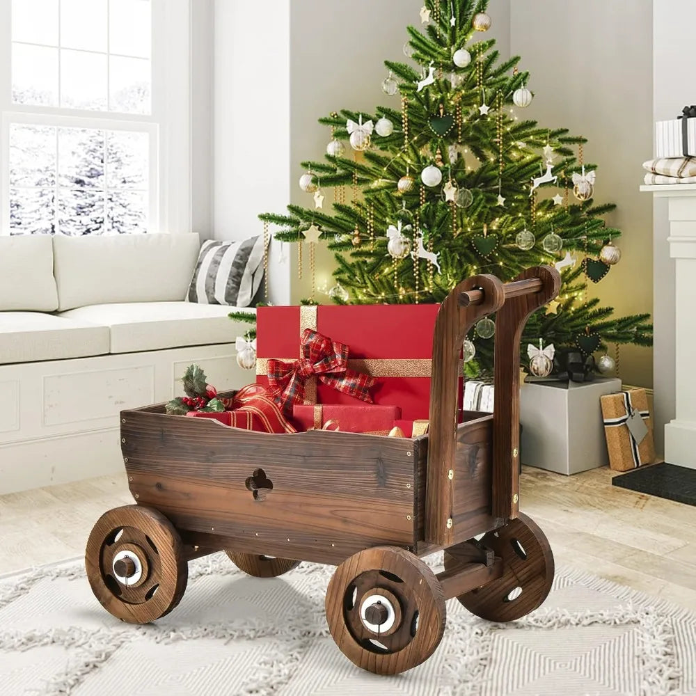 Wooden Wagon Planter Raised Bed on Wheels, Handle, Drainage Hole, Decorative Wagon Cart, Rustic Flowerpot Planter, Mobile Plant