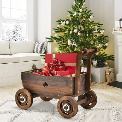 Wooden Wagon Planter Raised Bed on Wheels, Handle, Drainage Hole, Decorative Wagon Cart, Rustic Flowerpot Planter, Mobile Plant