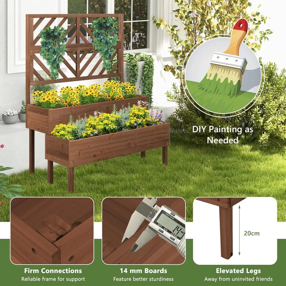 2-Tier Standing Planter Box with Legs and Drain Holes, Outdoor Elevated Garden Trellis for Vine Climbing, Flower Vegetable