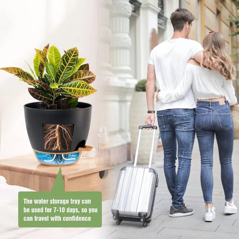 Large Self Watering Pots, 12/10/9 Plastic Planters with High Drainage Holes and Deep Reservoir