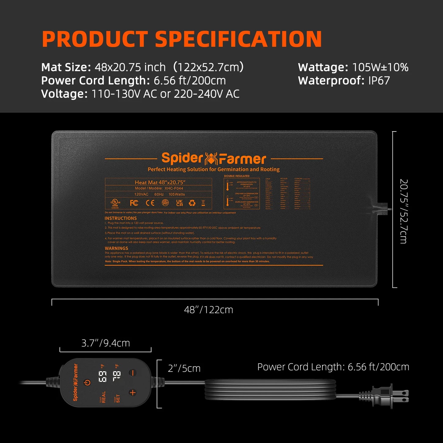 Spider Farmer 20Inch/48Inch Waterproof Seedling Heat Mat Kit Digital Thermostat Combo Set for Indoor Plants Hydroponics