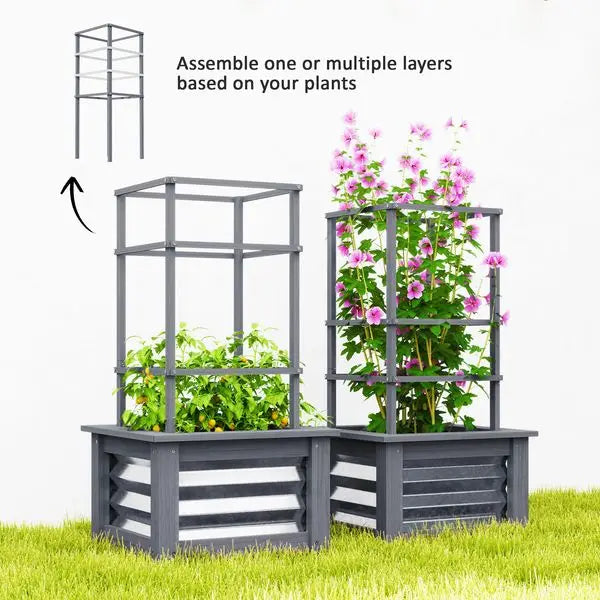 Outsunny Wooden Raised Garden Bed with Trellis, Galvanized Planter Box Elevated Garden Bed for Garden, Patio, Gray