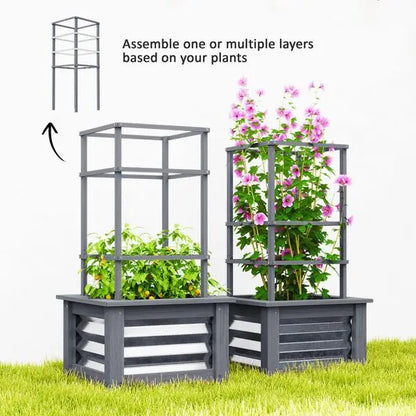 Outsunny Wooden Raised Garden Bed with Trellis, Galvanized Planter Box Elevated Garden Bed for Garden, Patio, Gray